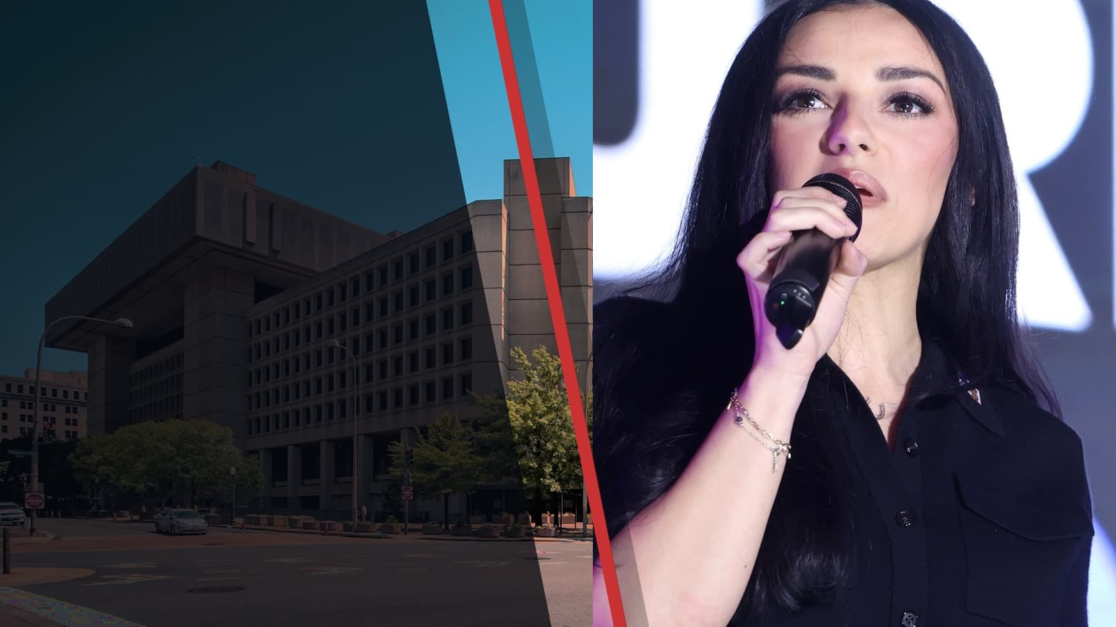 Alexis Wilkins speaks into a microphone beside a view of FBI headquarters in Washington, D.C.