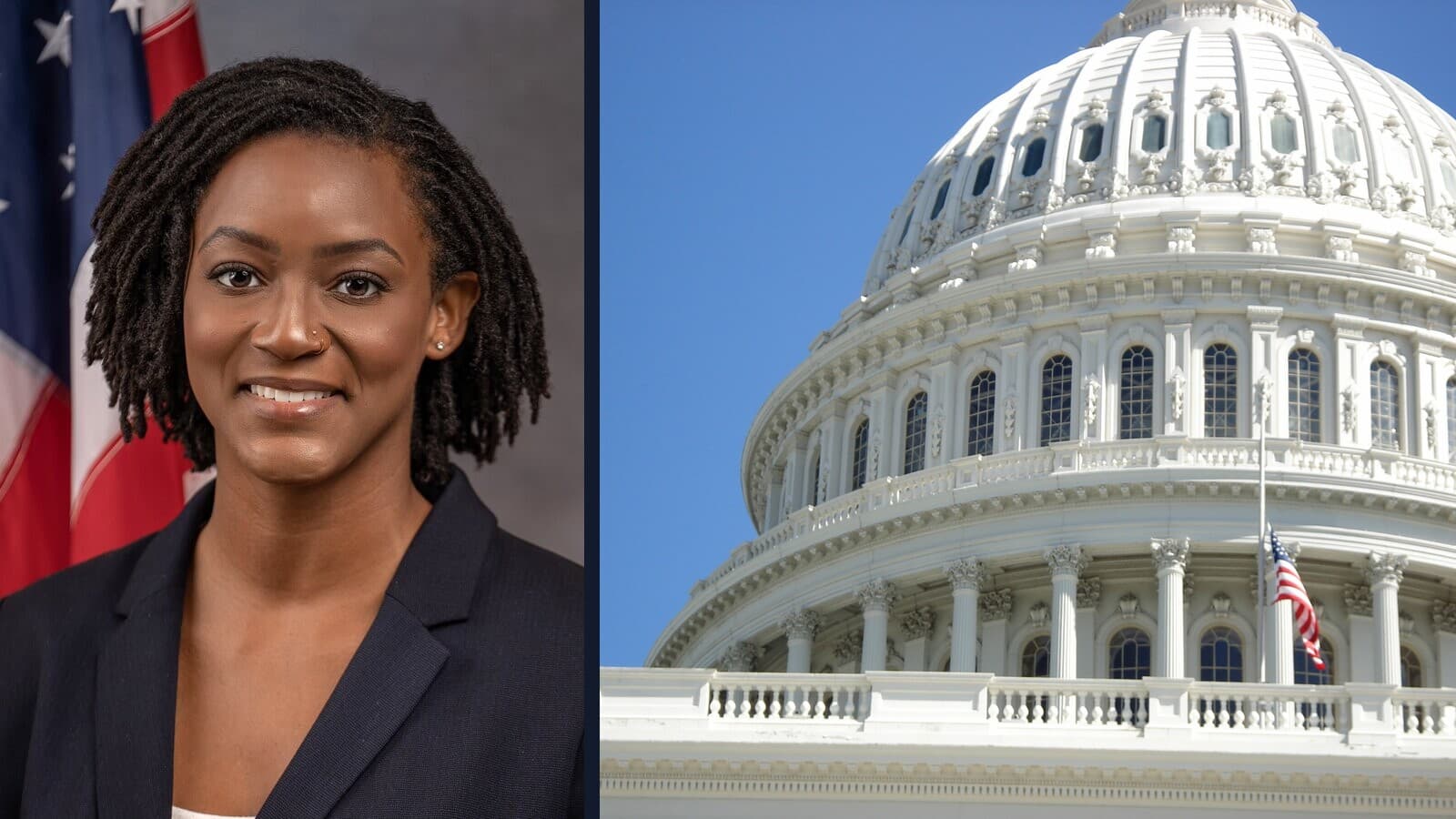 Angie Nixon beside the U.S. Capitol dome.