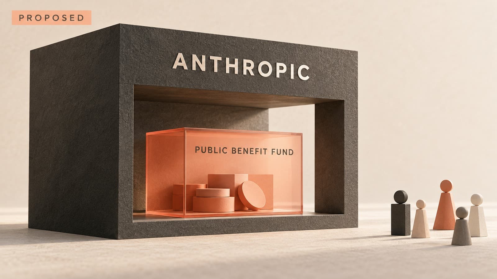 Conceptual illustration of a proposed Public Benefit Fund inside an Anthropic company frame, with abstract public figures outside it.