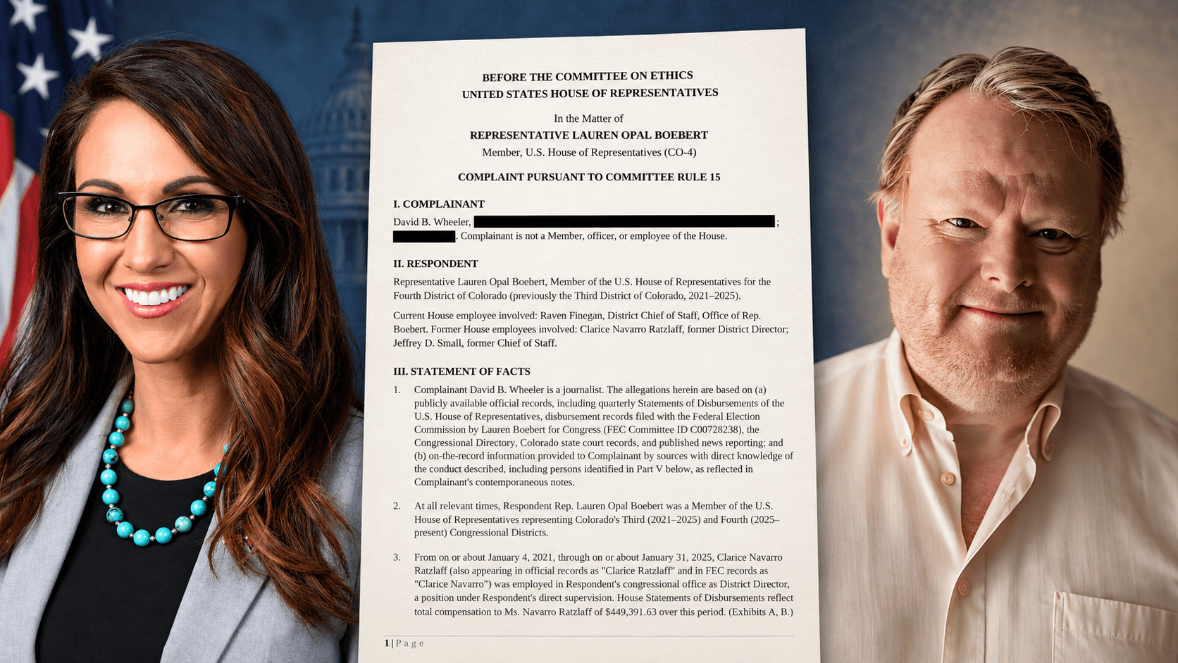 Editorial composite showing Rep. Lauren Boebert on the left, the publicly released ethics complaint in the center, and complainant David B. Wheeler on the right.