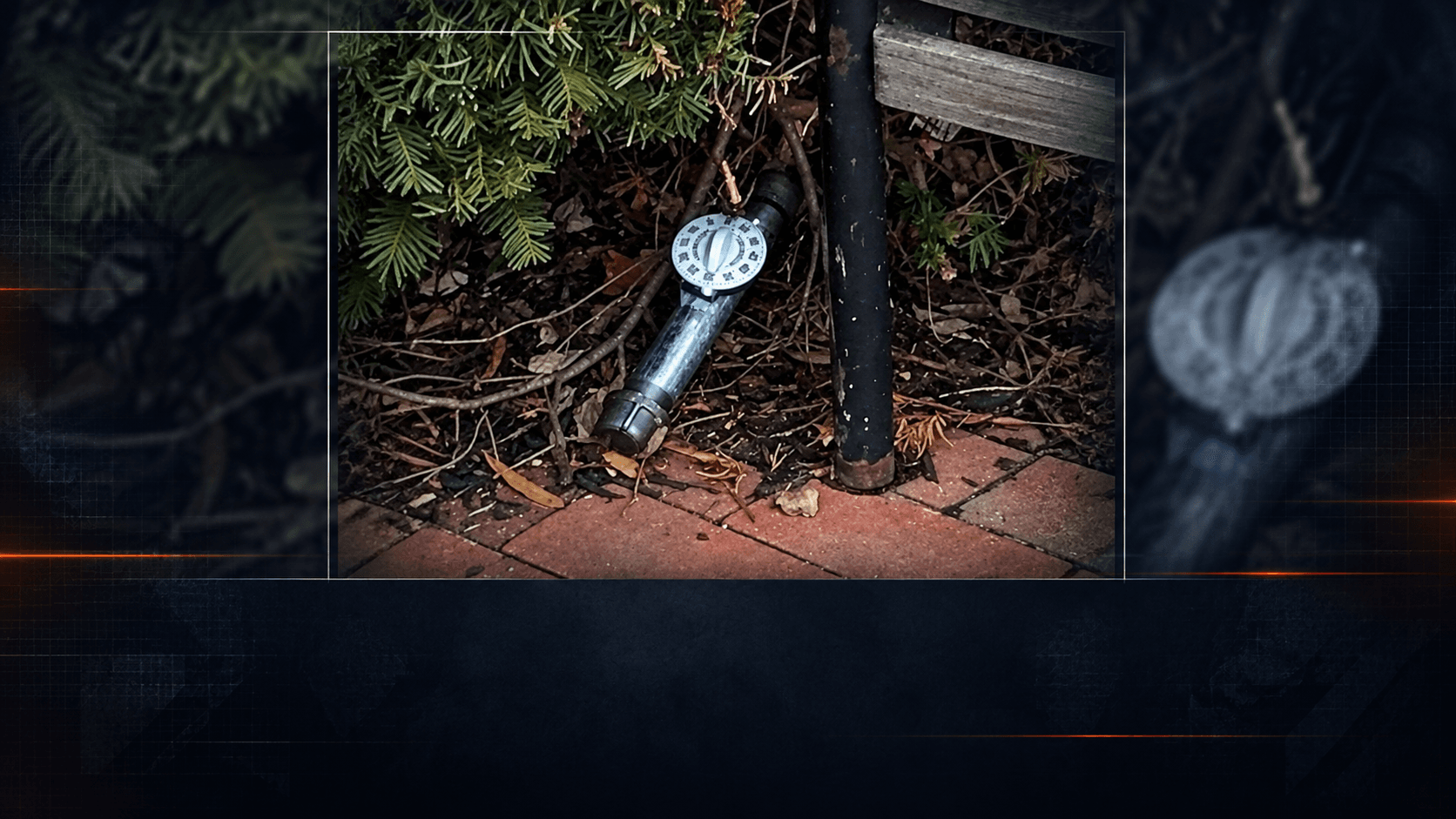 FBI evidence photo of a January 6 pipe bomb in a dark editorial layout.