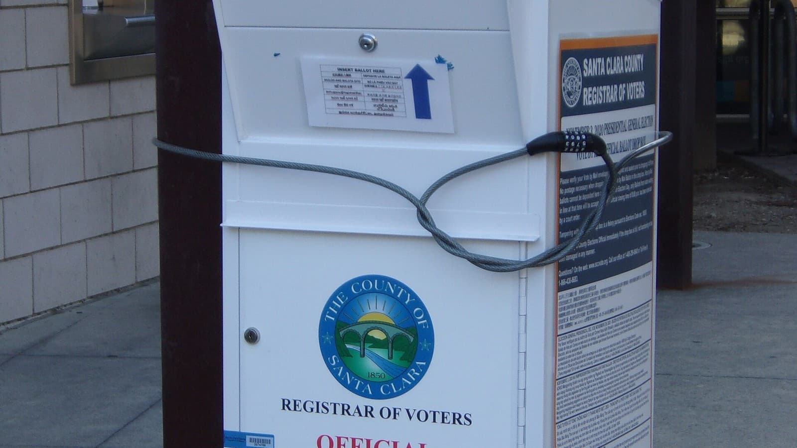 An official Santa Clara County ballot drop box outside a library in San Jose, California.