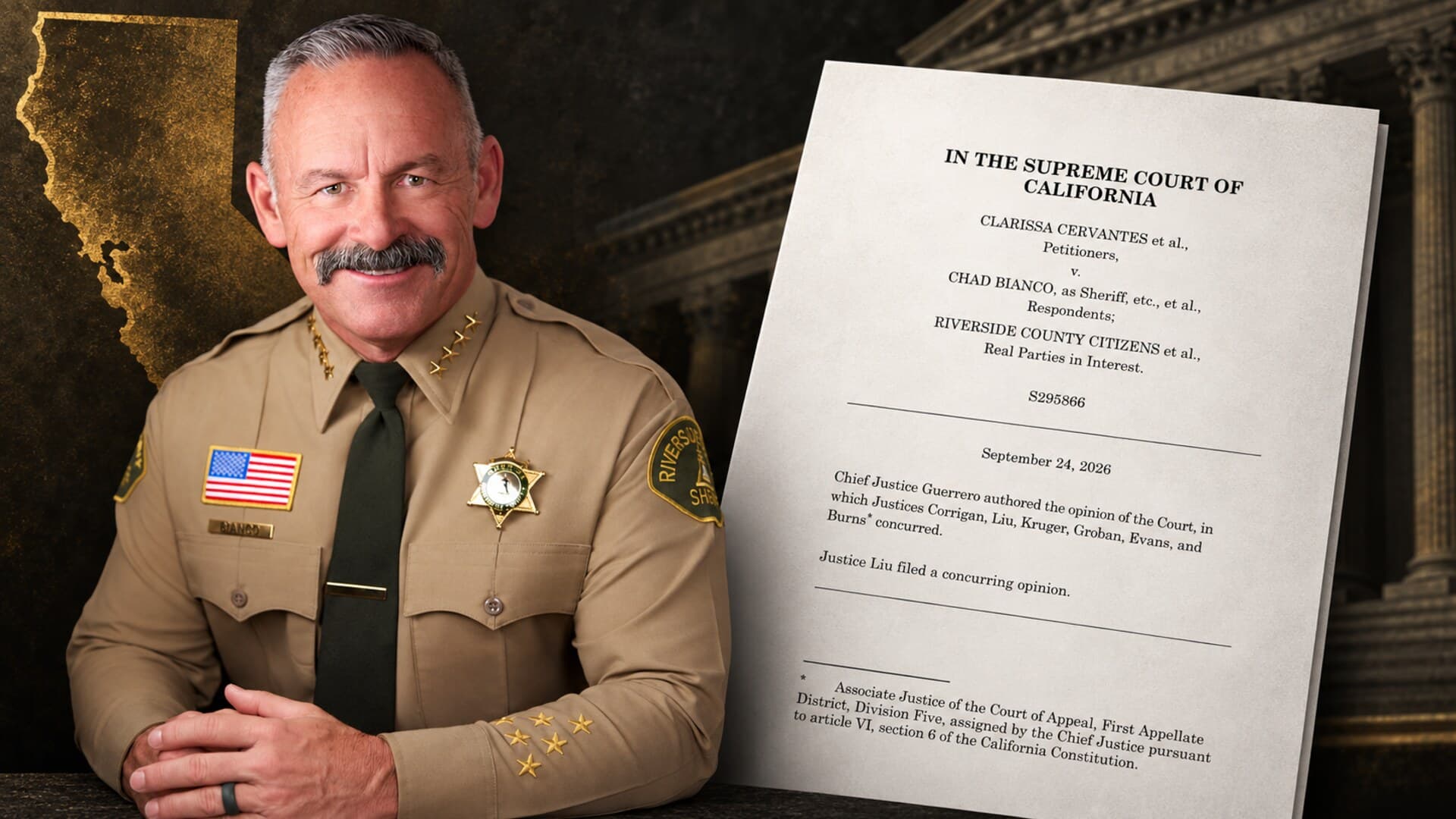 Editorial composite of Riverside County Sheriff Chad Bianco beside the California Supreme Court opinion in the ballot-seizure case.