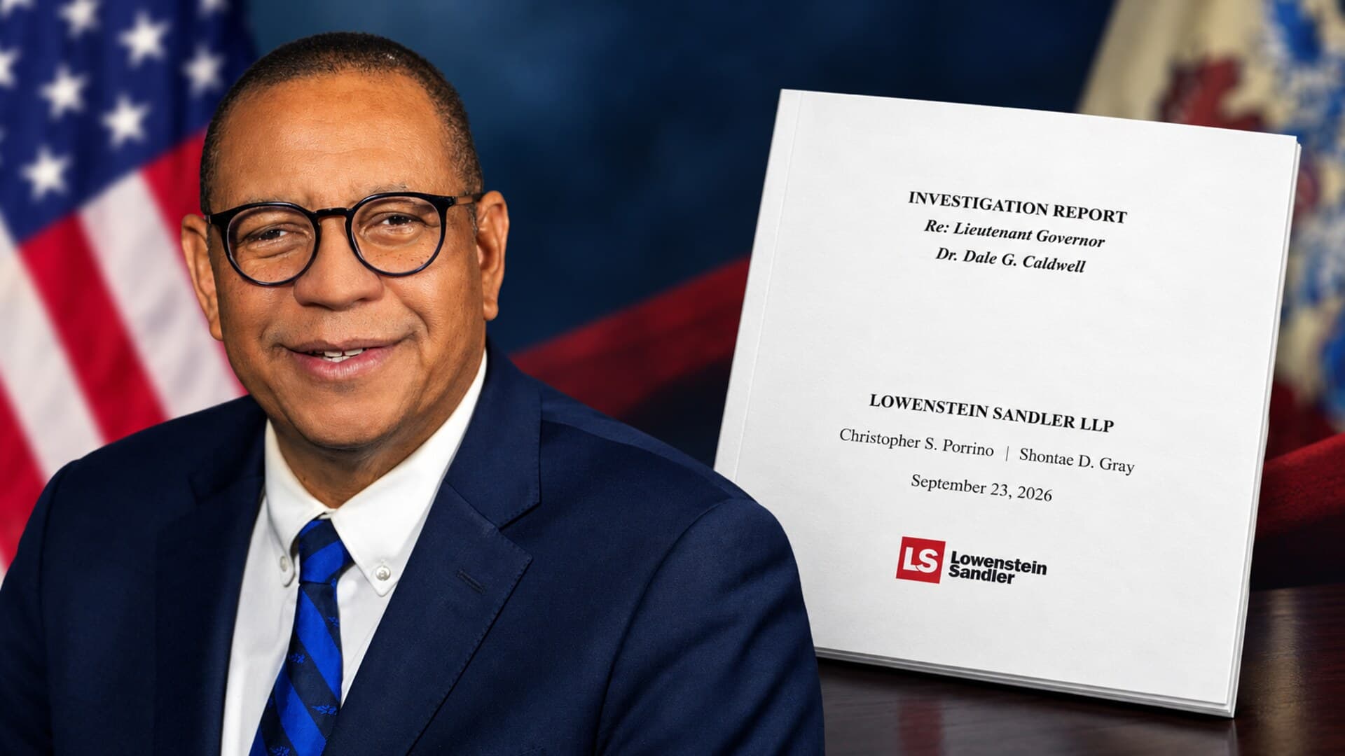 Editorial composite of Dale Caldwell beside the cover of the September 23, 2026, investigation report concerning him.