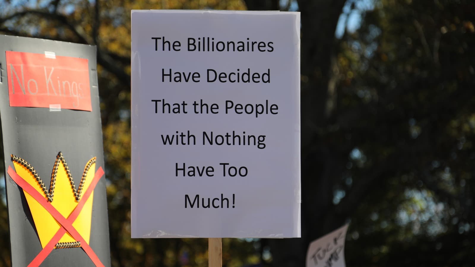Placards at a No Kings protest in Concord, Massachusetts.