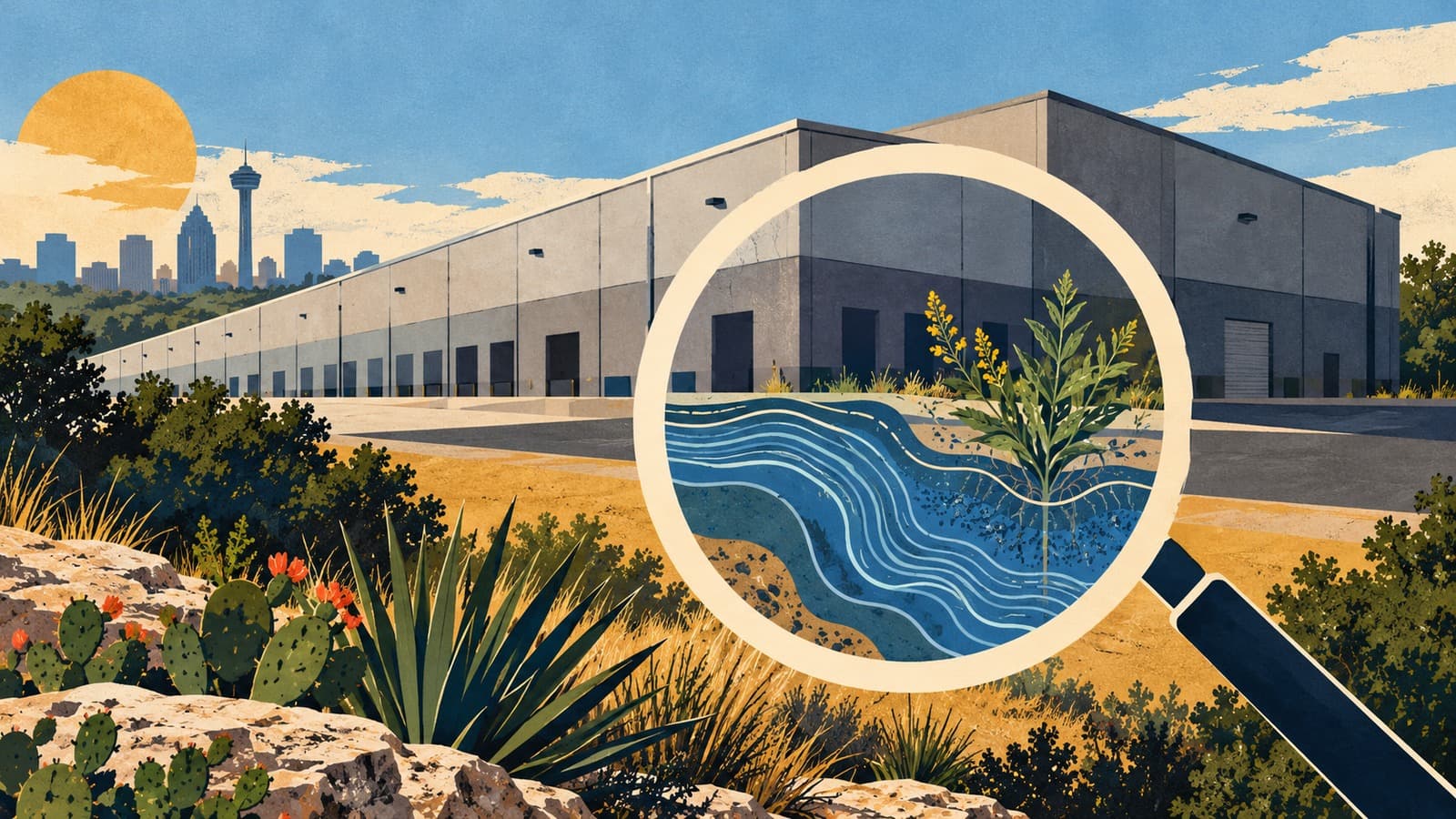 AI-generated illustration of a warehouse under a magnifying glass with environmental symbols.