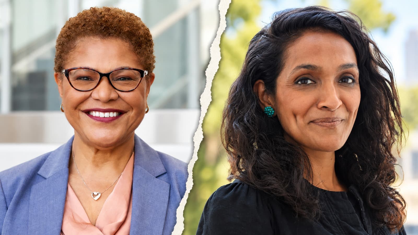 AI-assisted collage of separate portraits of Karen Bass on the left and Nithya Raman on the right.