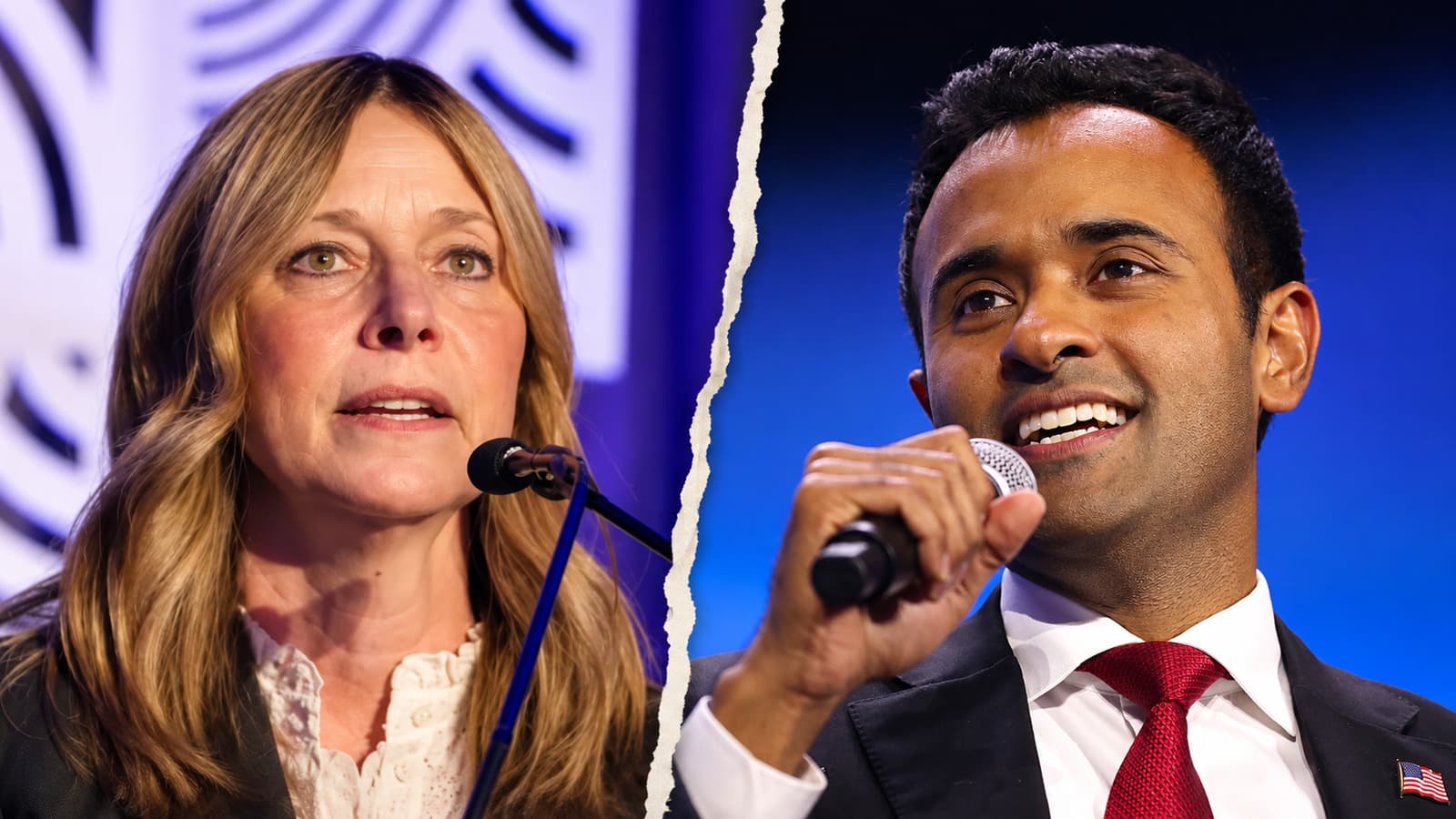 AI-assisted collage of separate photographs of Amy Acton on the left and Vivek Ramaswamy on the right.
