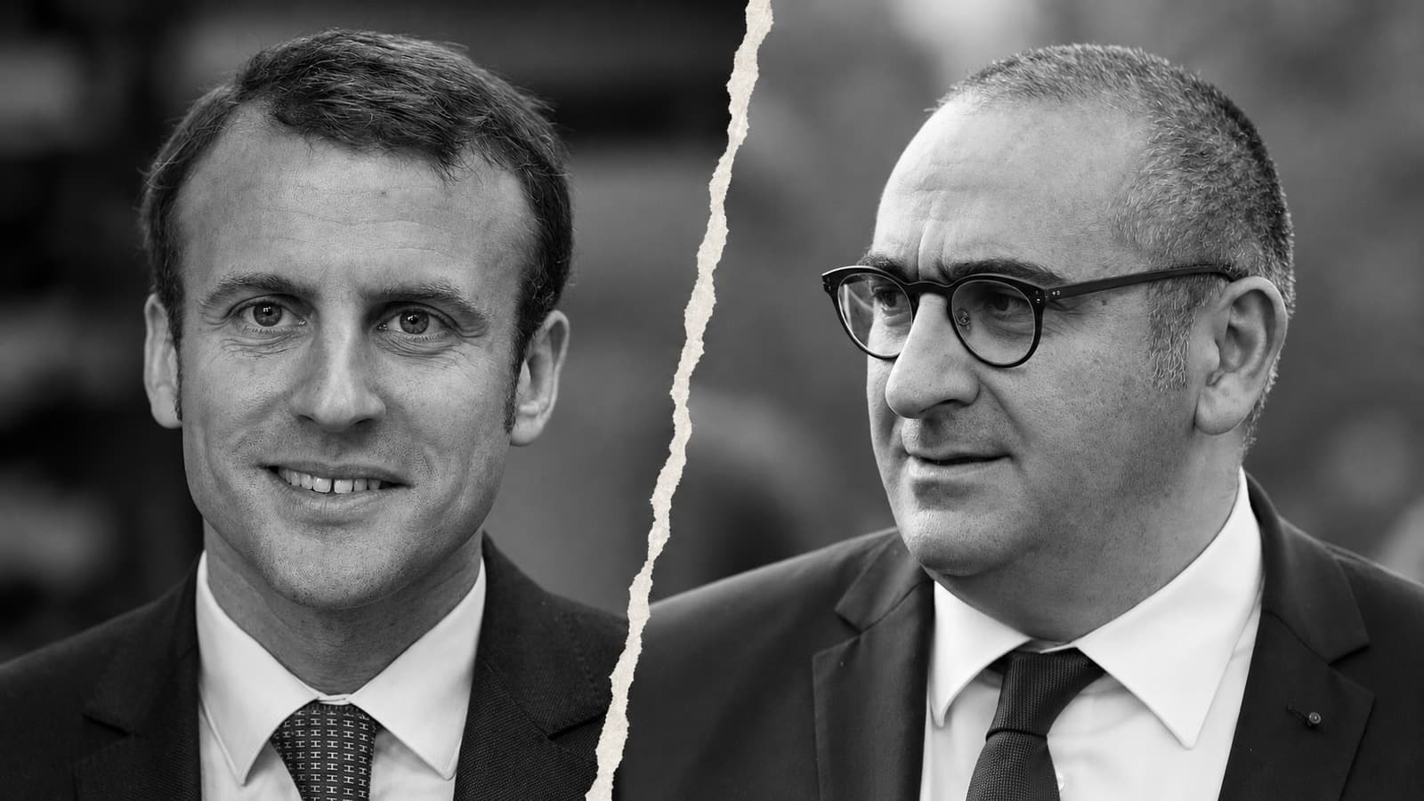 AI-assisted black-and-white collage of Emmanuel Macron on the left and Laurent Nunez on the right.