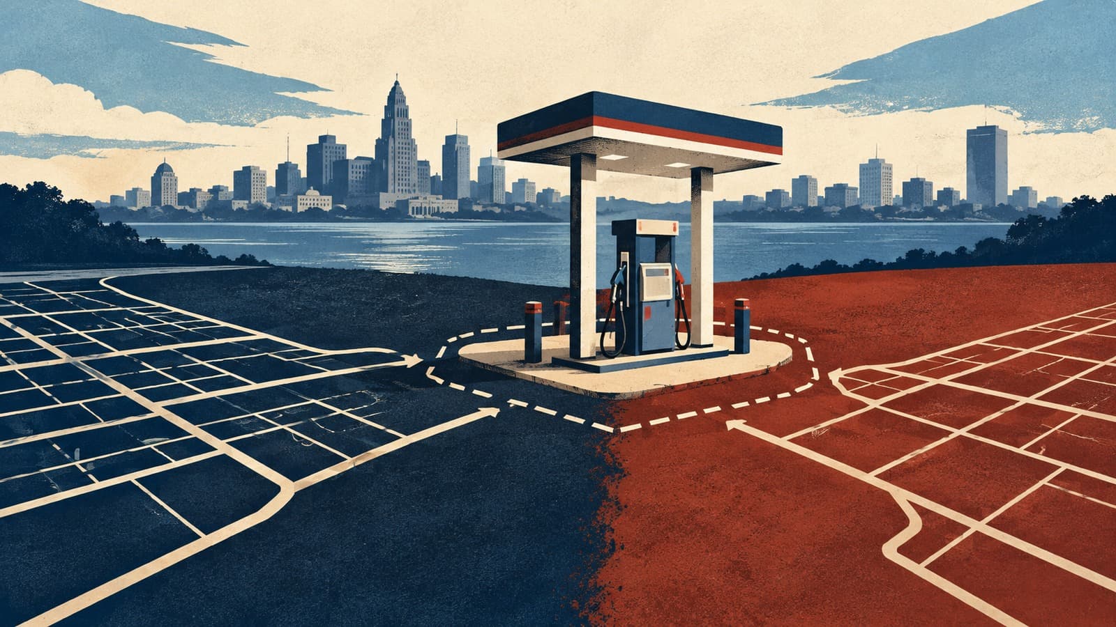 AI-generated illustration of a fuel pump surrounded by street-grid lines, with a Buffalo skyline in the distance.