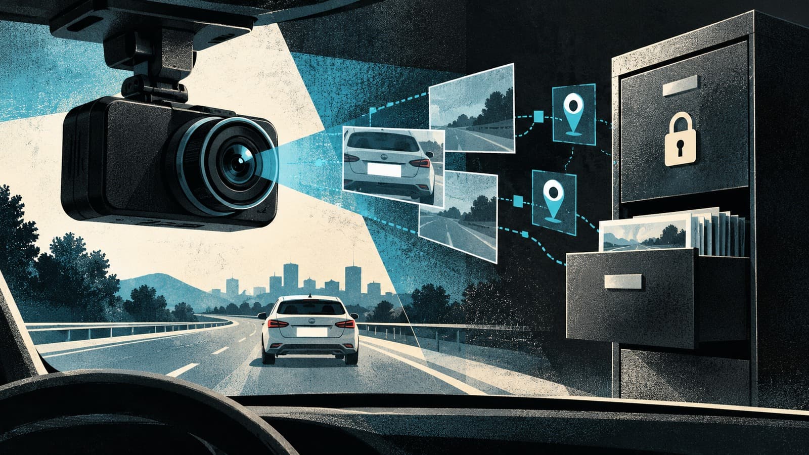 AI-generated illustration of a windshield dash camera, a car and abstract vehicle-data tiles.