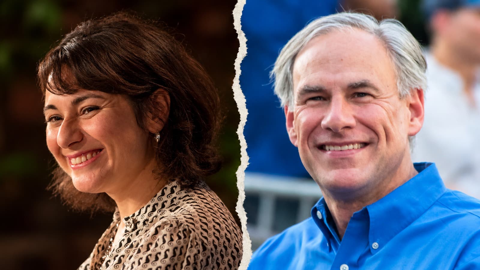 AI-assisted collage of separate photographs of Gina Hinojosa and Greg Abbott.