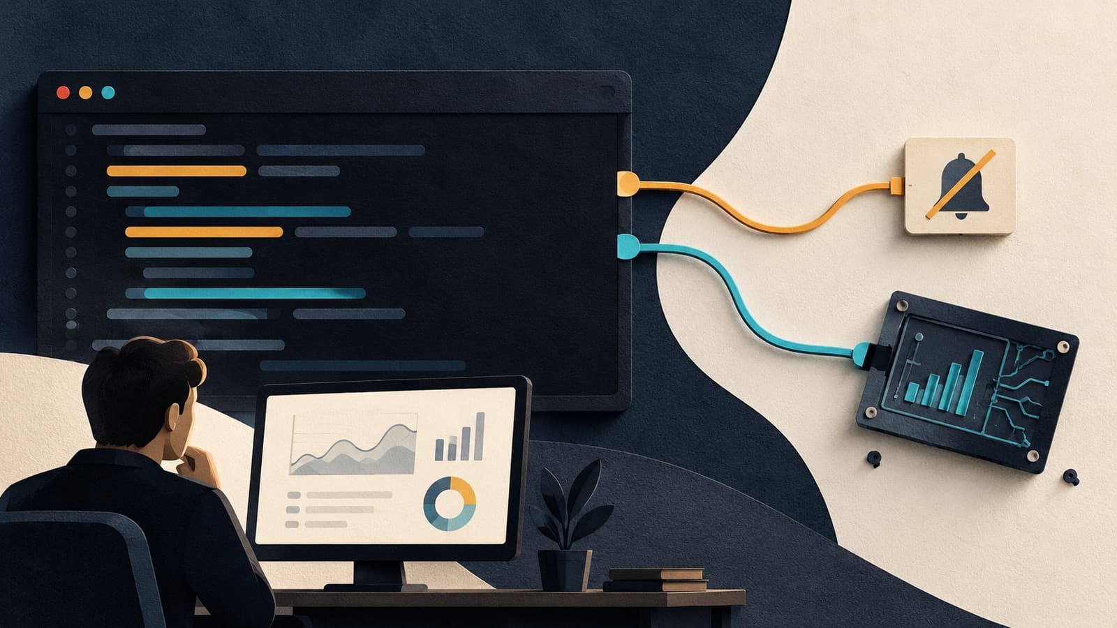 AI-generated illustration of abstract code, a muted notification bell and a detached monitoring module.