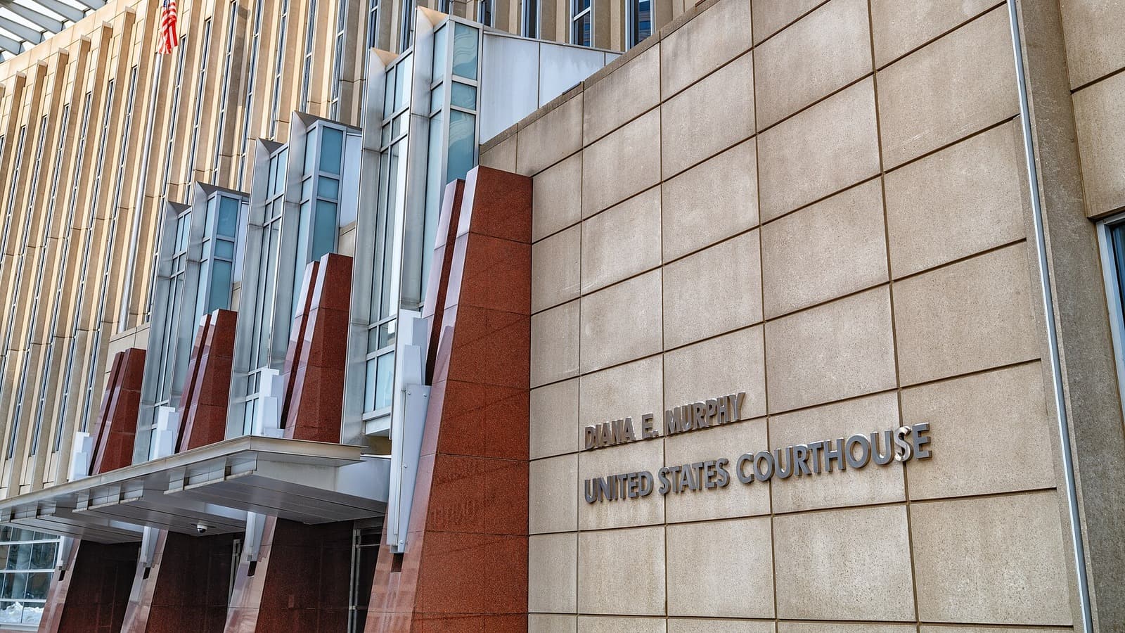 The facade and entrance sign of the Diana E. Murphy United States Courthouse in Minneapolis.