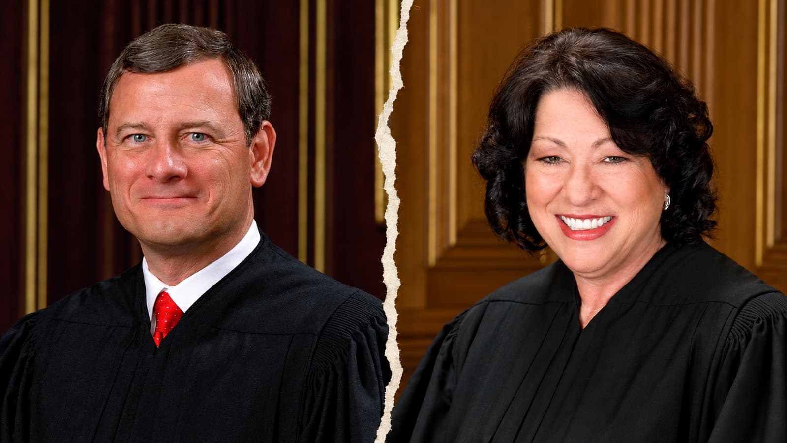 AI-assisted collage of separate photographs of John Roberts and Sonia Sotomayor.