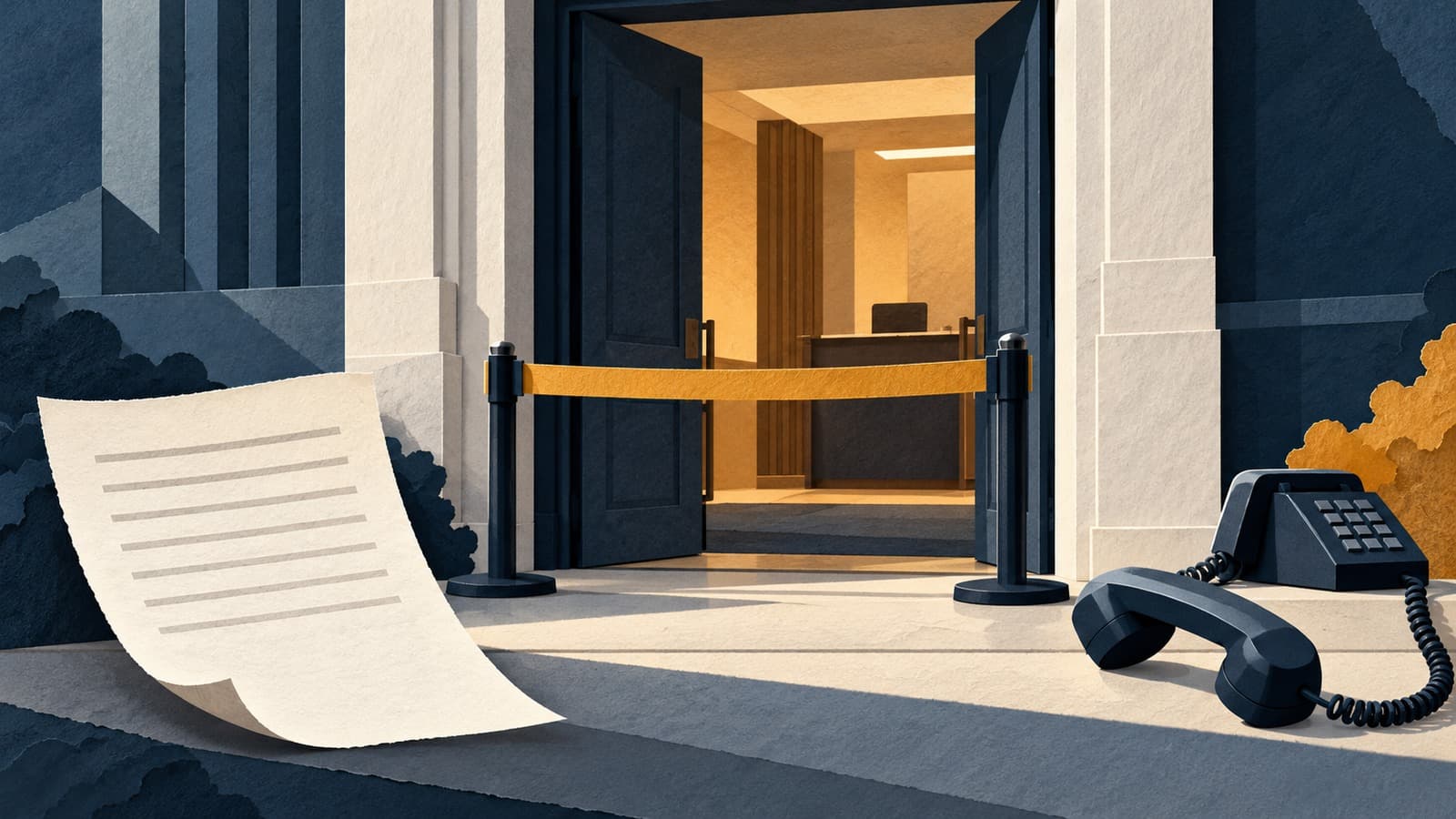 AI-generated illustration of a restricted office doorway beside a petition sheet and connected telephone.
