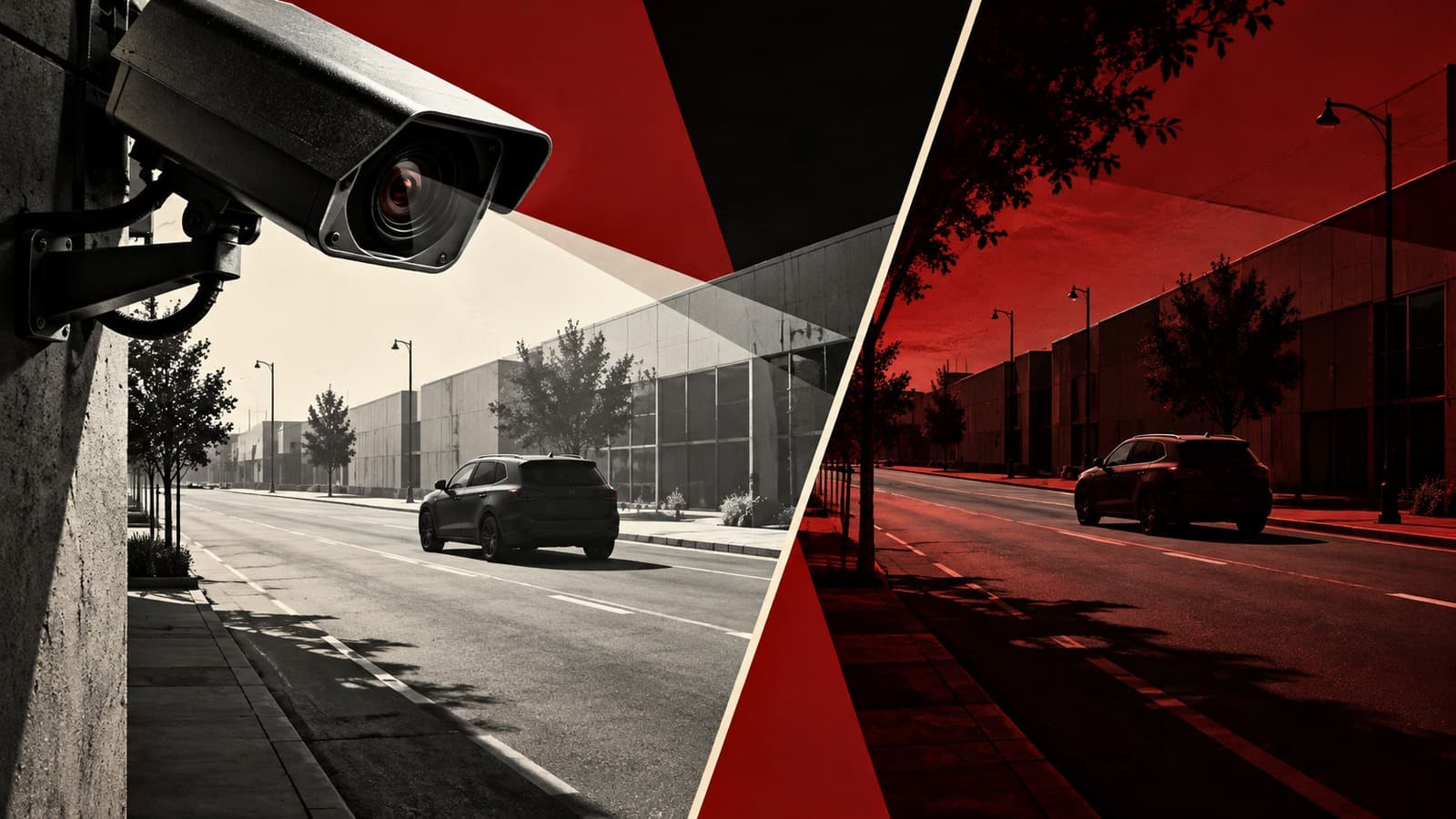 AI-generated illustration of a surveillance camera overlooking two separated views of an empty street and an SUV.