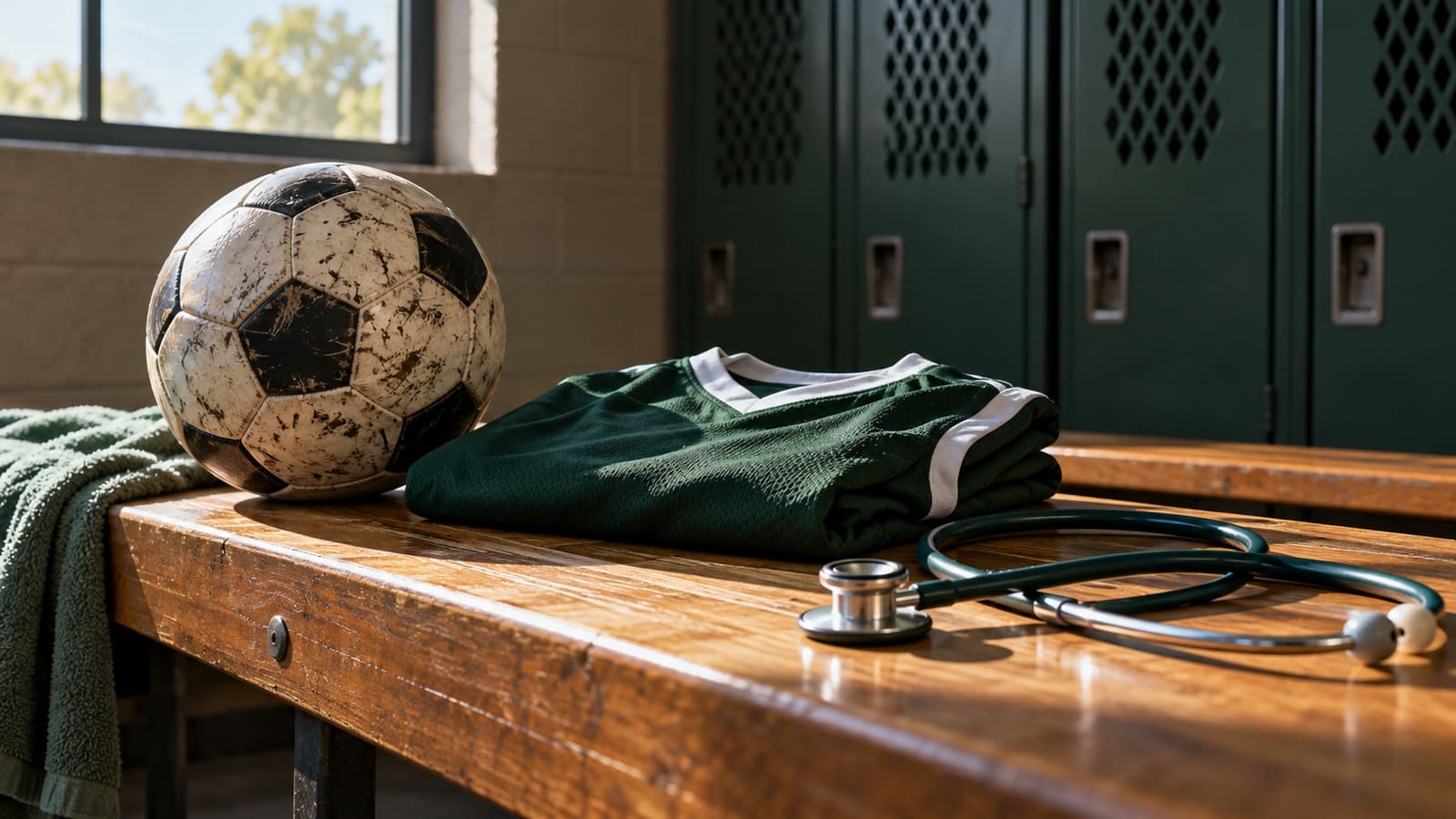 AI-generated illustration of a soccer ball, athletic jersey and stethoscope on an empty locker-room bench.