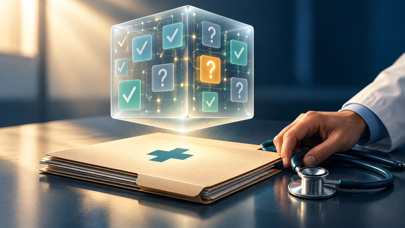 AI-generated illustration of a transparent processor cube above a medical folder beside a hand and stethoscope.