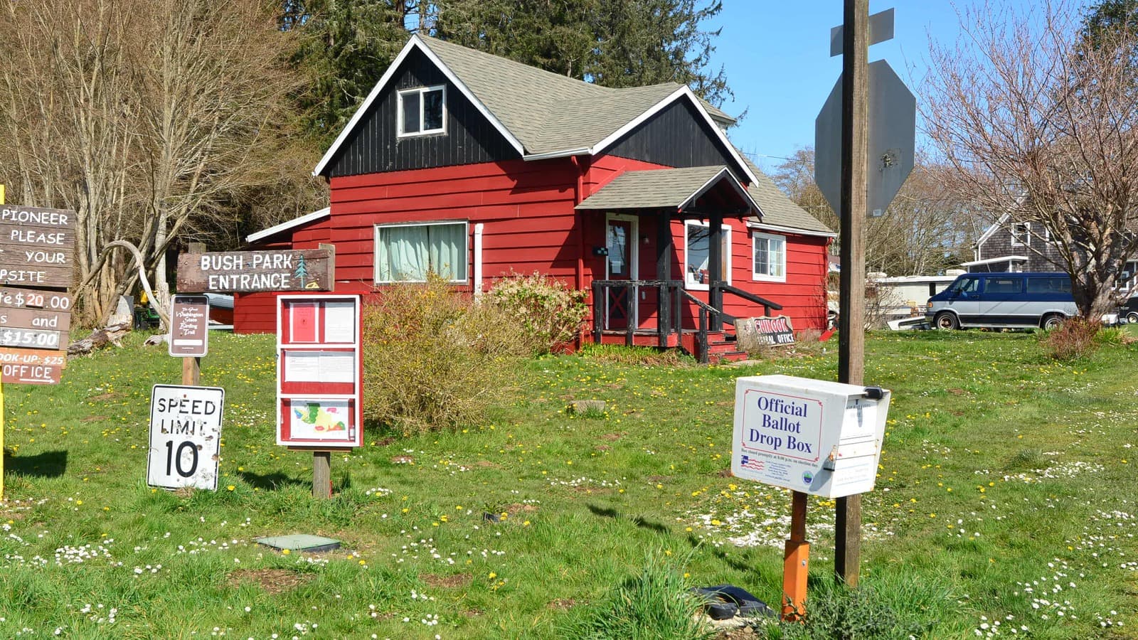 An official ballot drop box outside the Chinook Tribal Office in Bay Center, Washington.