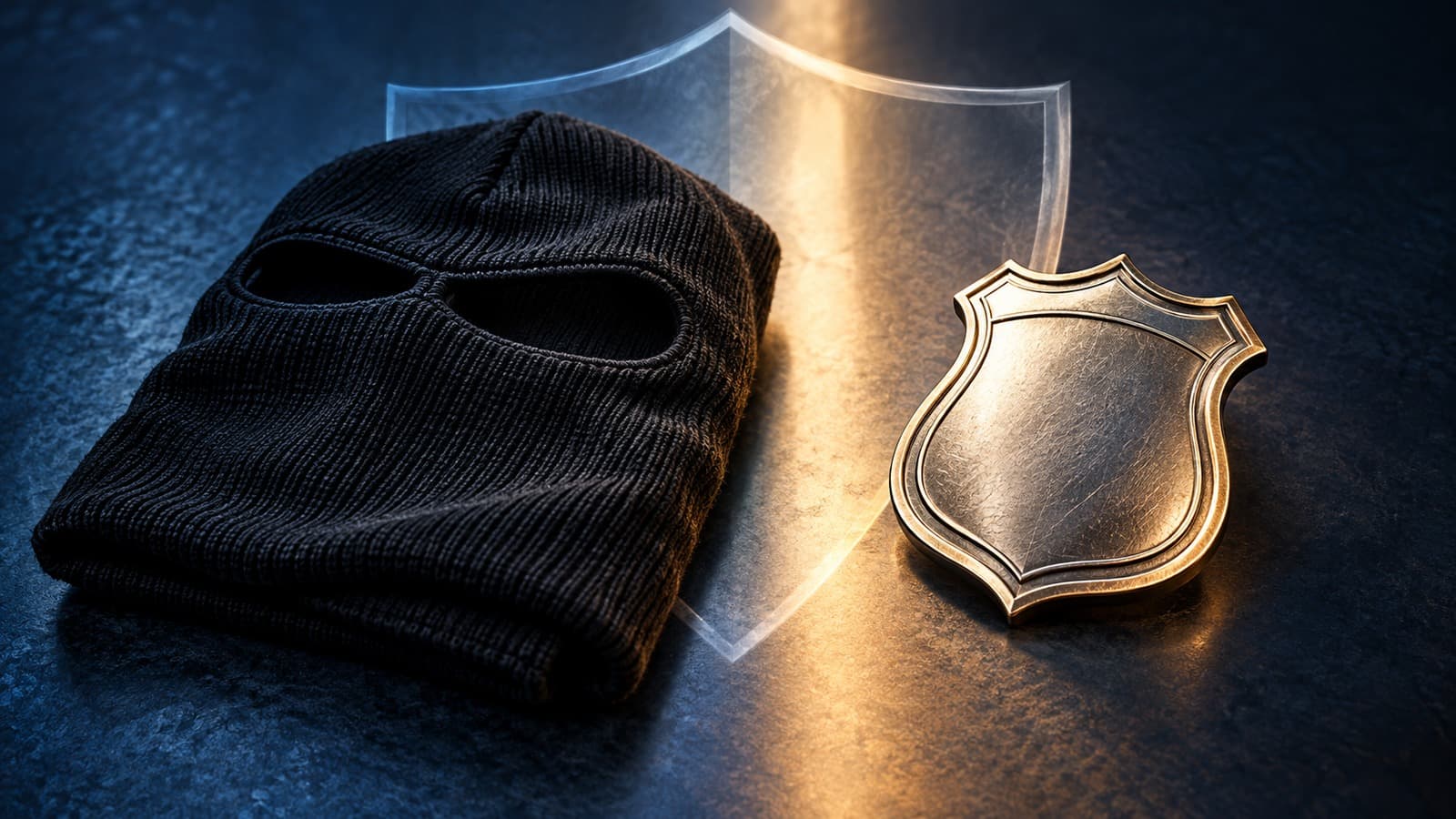 AI-generated illustration of a folded black mask beside a blank identification badge and a transparent shield.
