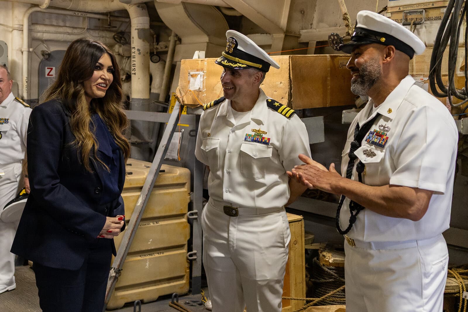 Kimberly Guilfoyle speaks with officers aboard the destroyer USS Oscar Austin at Souda Bay, Greece.