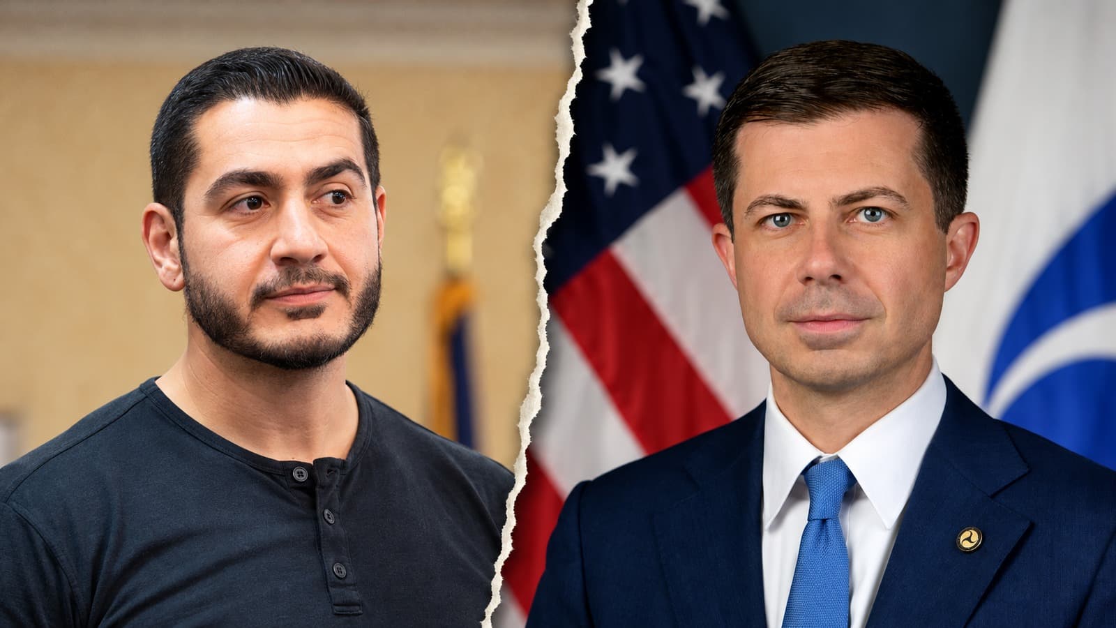 Abdul El-Sayed and Pete Buttigieg in separate photographic panels divided by a torn-paper edge.