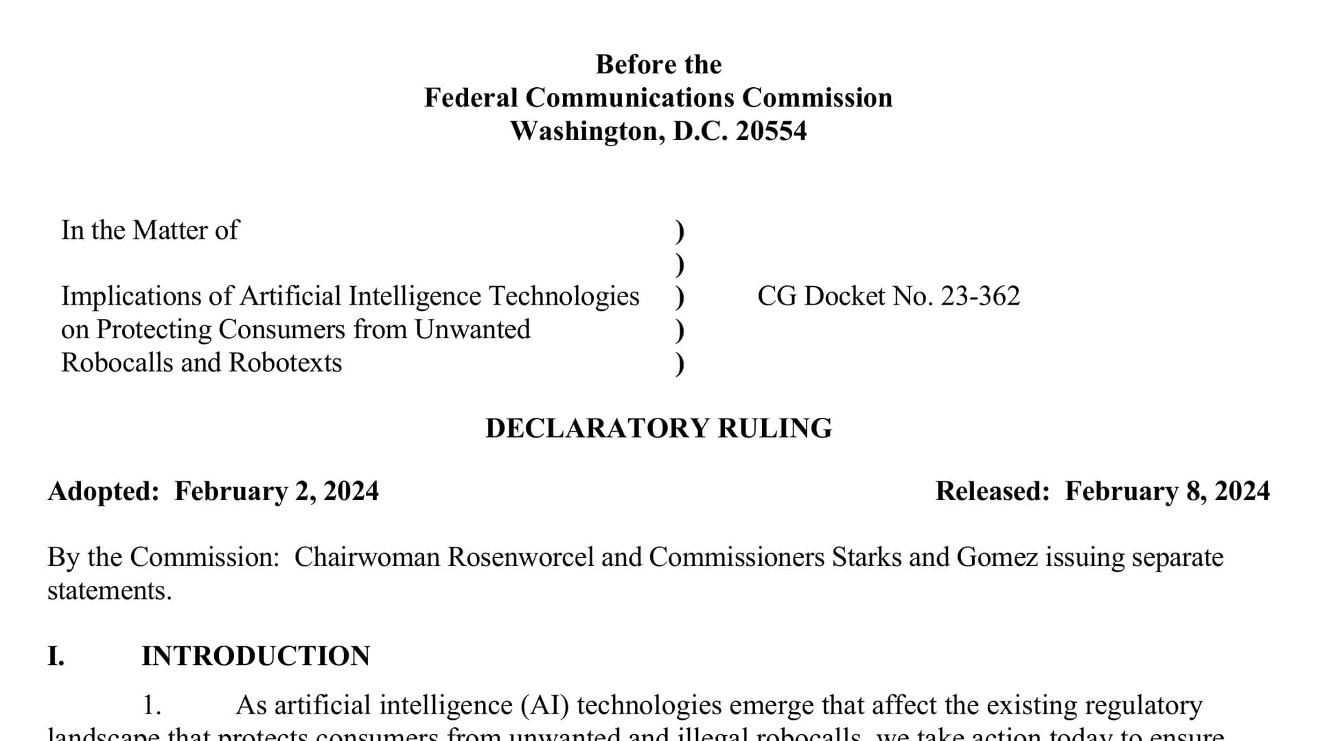 The top of the first page of a Federal Communications Commission document headed "Declaratory Ruling" in the matter of implications of artificial intelligence technologies on protecting consumers from unwanted robocalls and robotexts, CG Docket No. 23-362, adopted February 2, 2024.