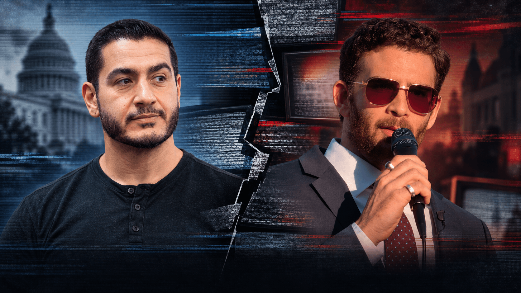 Editorial composite of Abdul El-Sayed and Hasan Piker separated by a fractured television-screen motif.