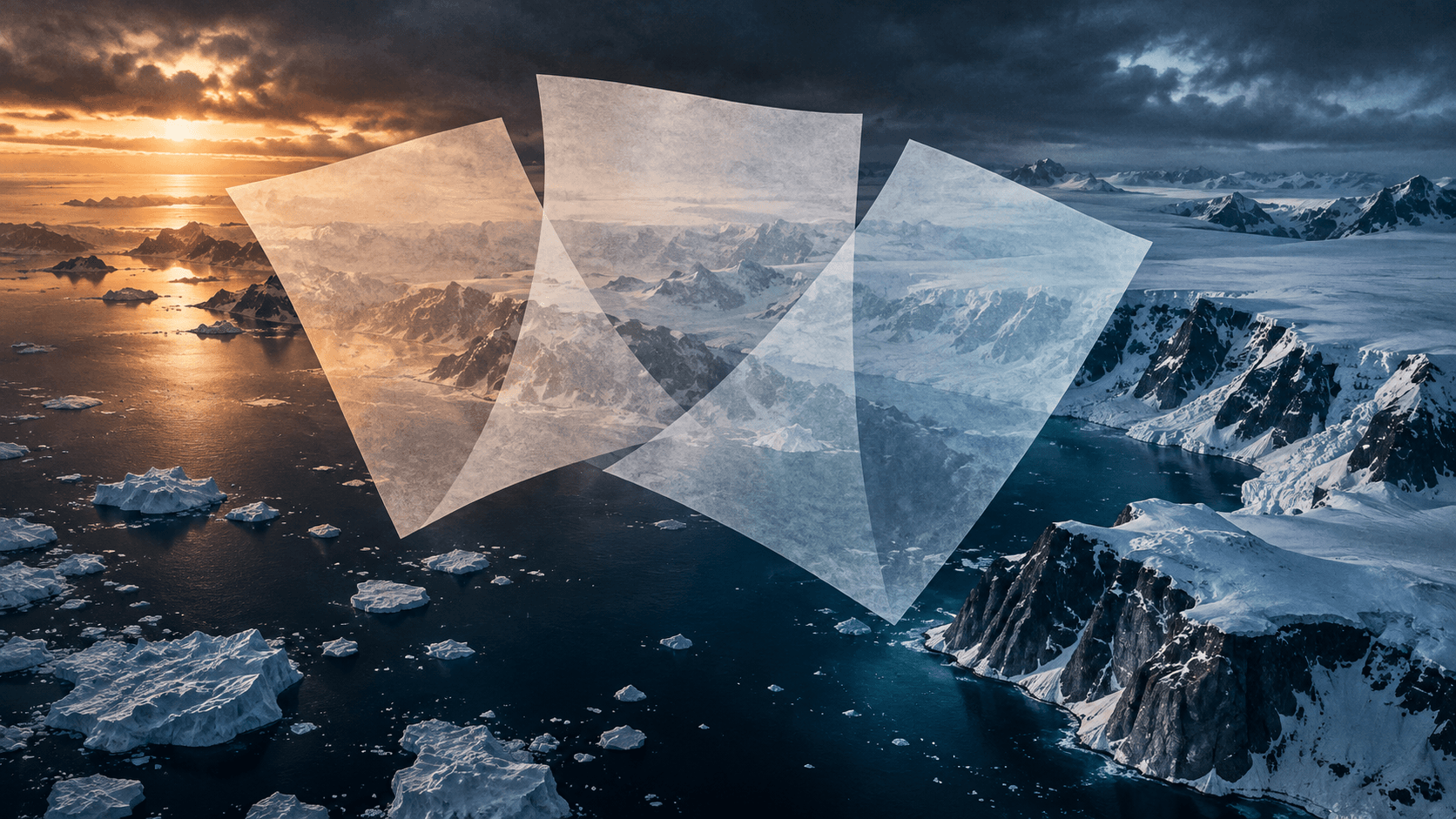 Editorial illustration of Greenland's icy coastline with overlapping blank agreement sheets.