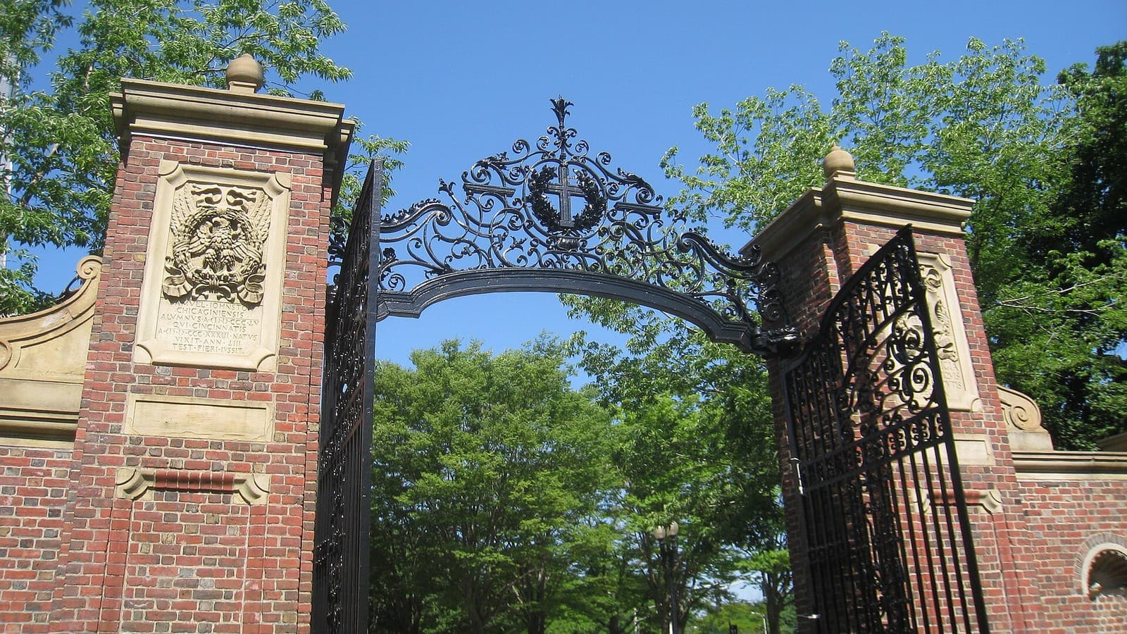 The open ironwork of Johnston Gate at Harvard Yard in Cambridge, Massachusetts.