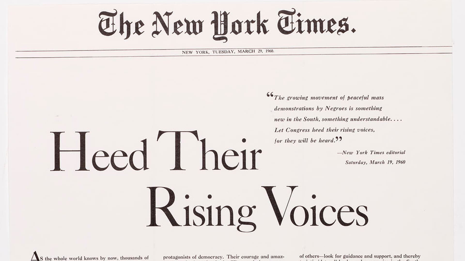 The top of a full-page newspaper advertisement under The New York Times masthead dated Tuesday, March 29, 1960, with the large headline "Heed Their Rising Voices" and a quotation from a New York Times editorial.