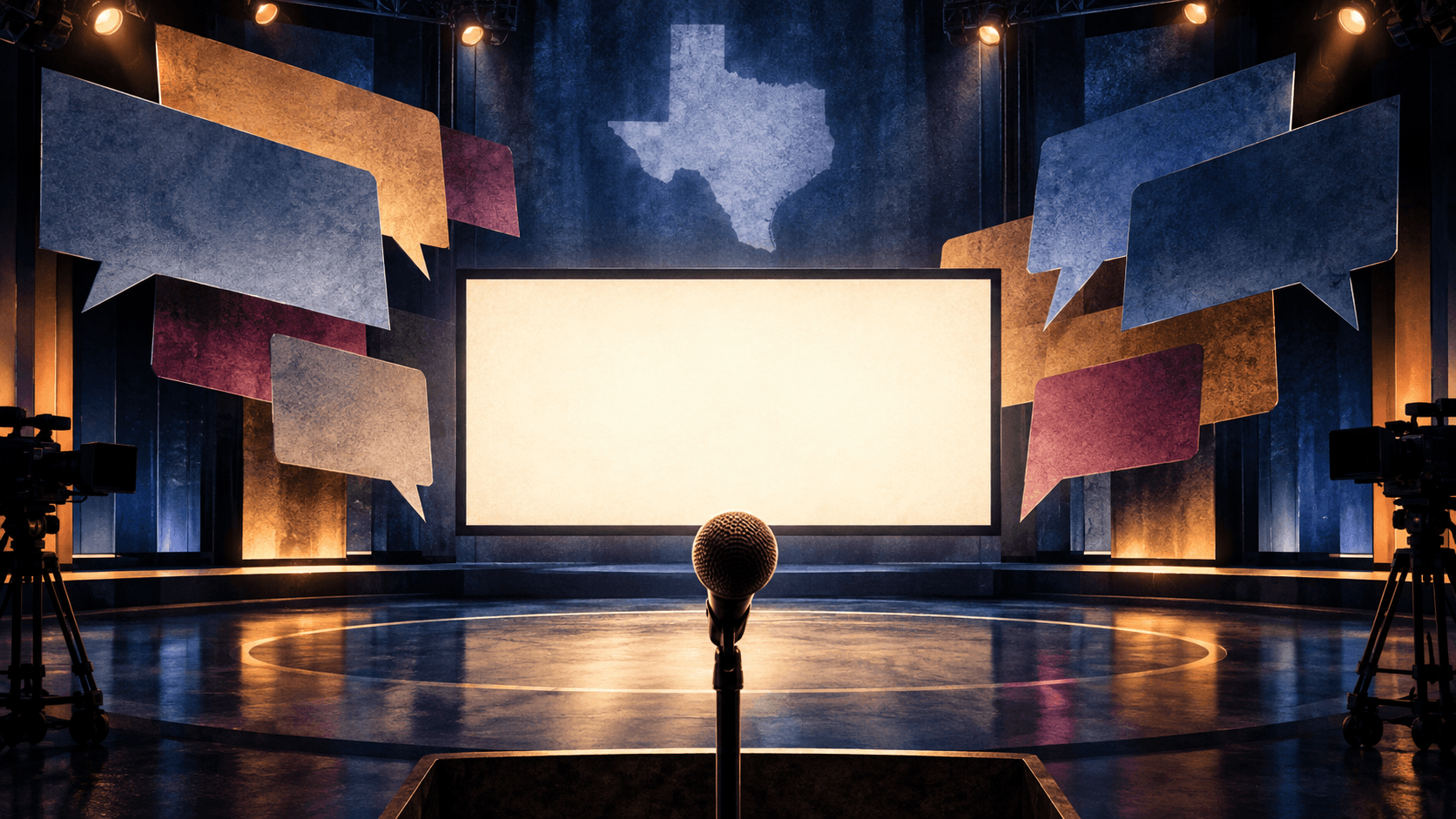 Symbolic editorial illustration of an empty campaign-ad studio, blank screen, microphone, and overlapping speech shapes.