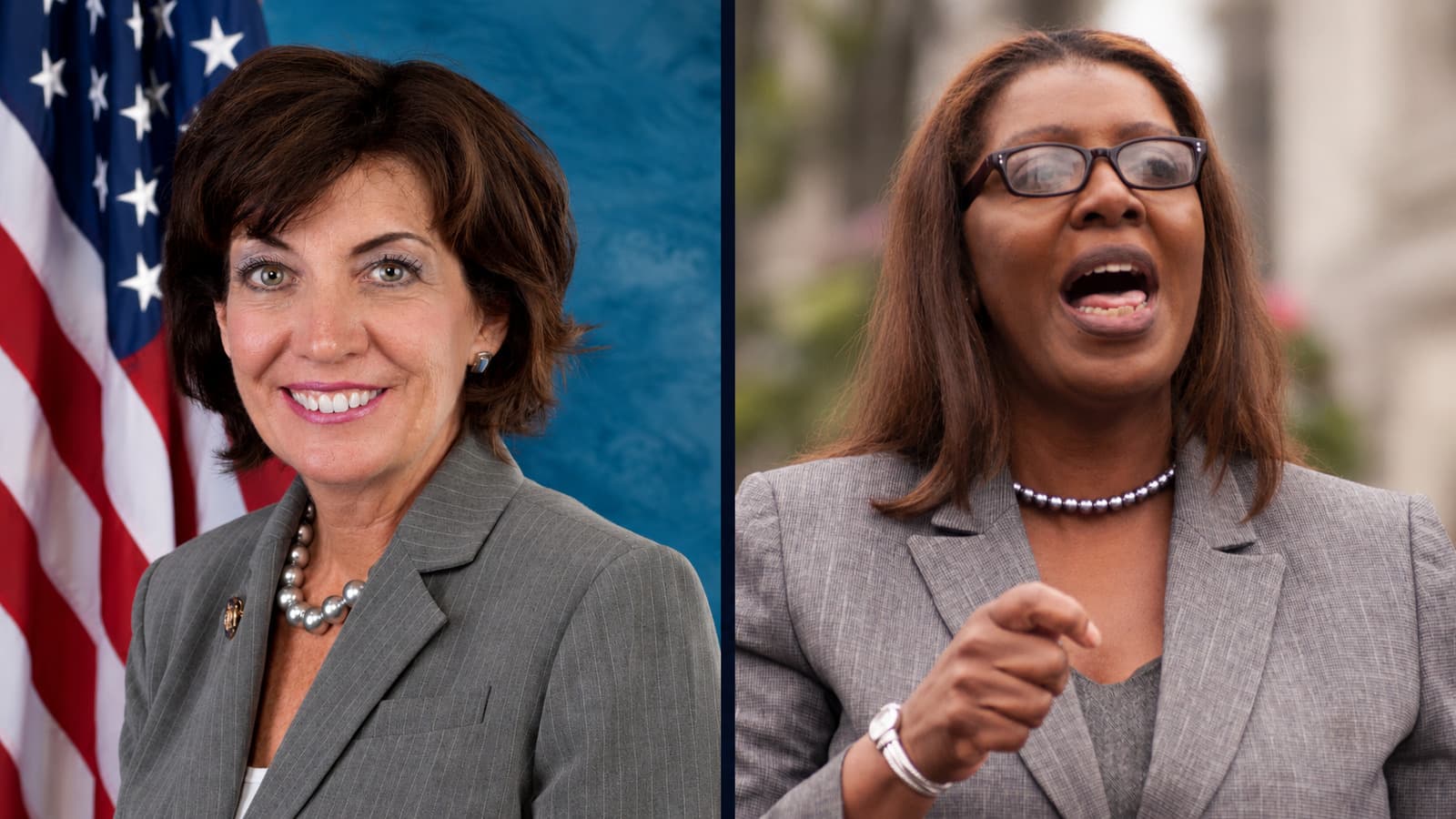 Kathy Hochul and Letitia James in a split portrait.