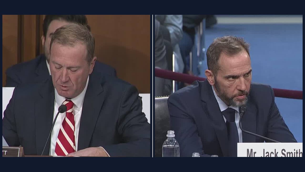Sen. Eric Schmitt questions former special counsel Jack Smith during a Senate Judiciary Committee hearing.