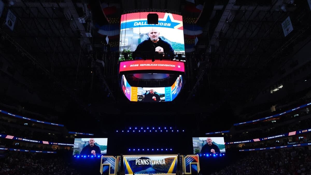 John Fetterman shown by video at the Republican midterm convention while introducing Dave McCormick.