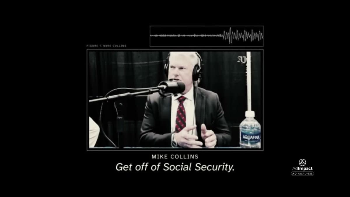 Frame from Jon Ossoff’s Social Security advertisement showing Mike Collins and the quoted Social Security remark.