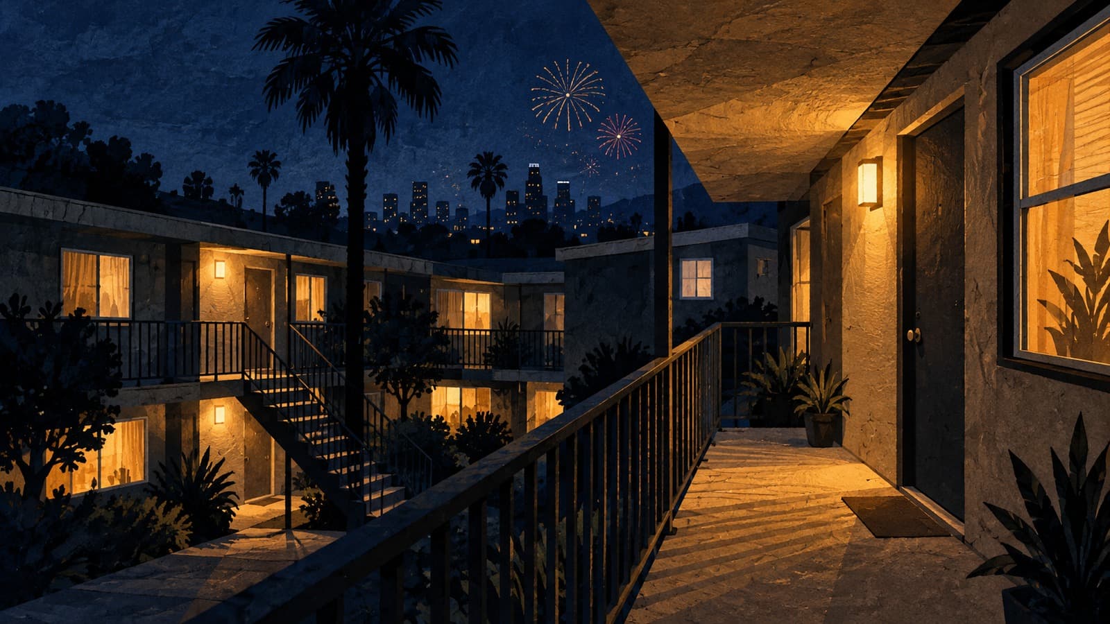 Editorial illustration of a Southern California apartment courtyard at night, with distant fireworks.