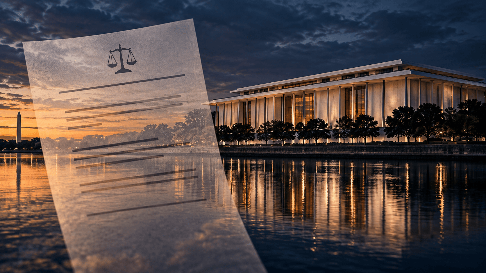 Editorial illustration of the Kennedy Center beside an abstract court-order sheet.