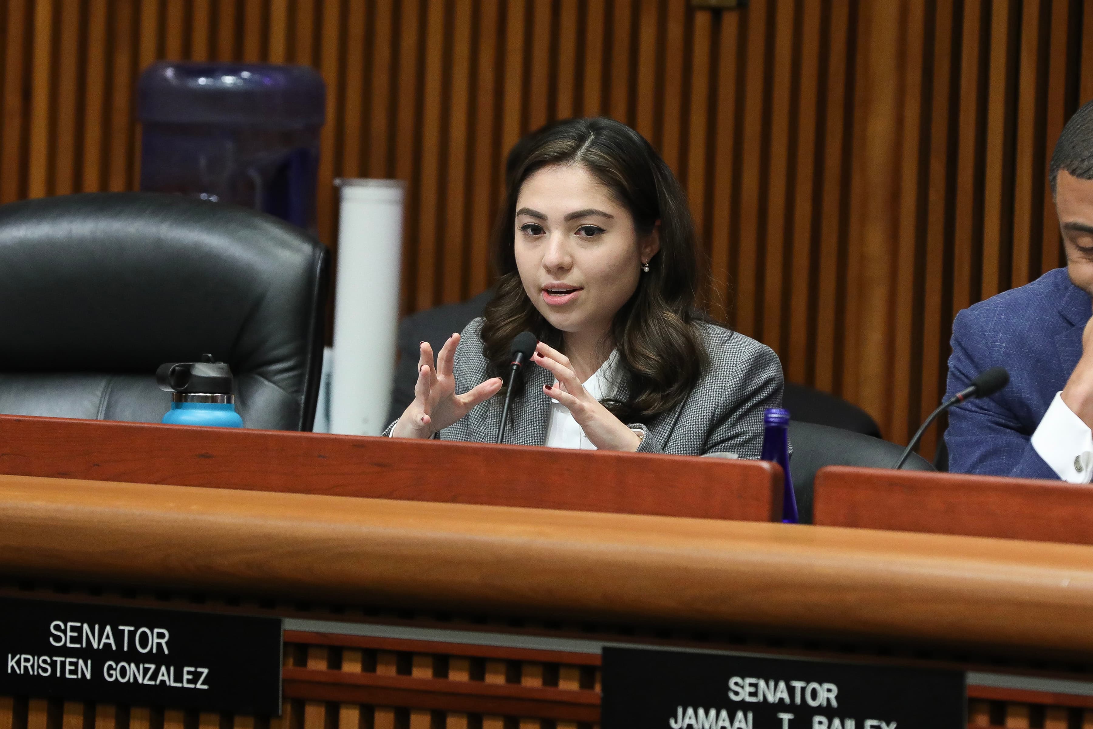 Kristen Gonzalez at a NY Senate budget hearing