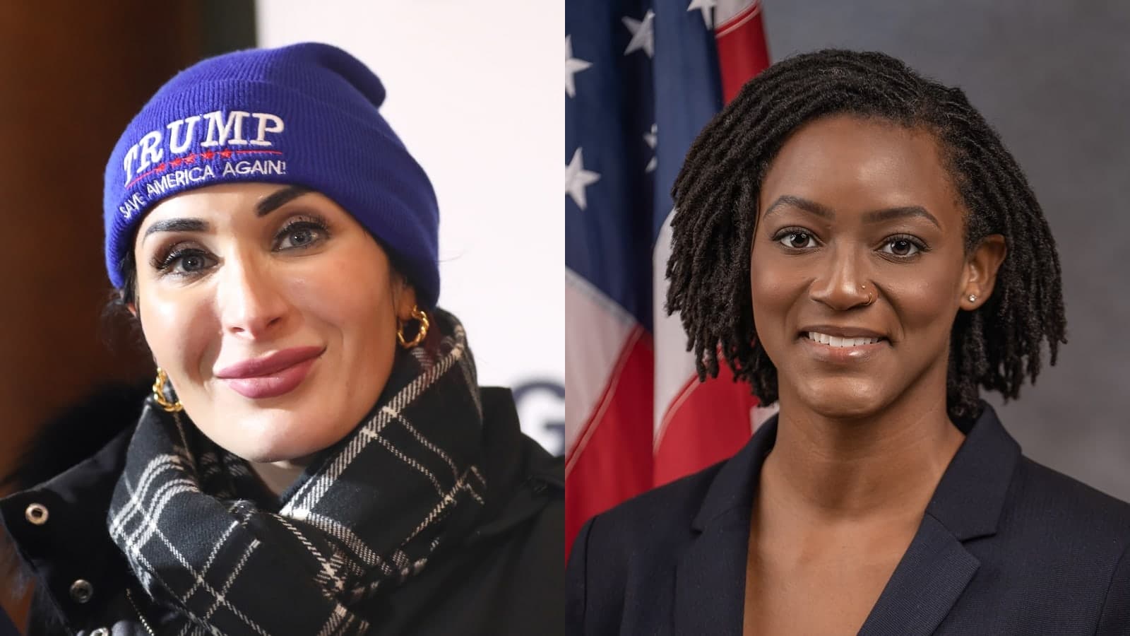 Side-by-side portraits of Laura Loomer and Florida Representative Angie Nixon