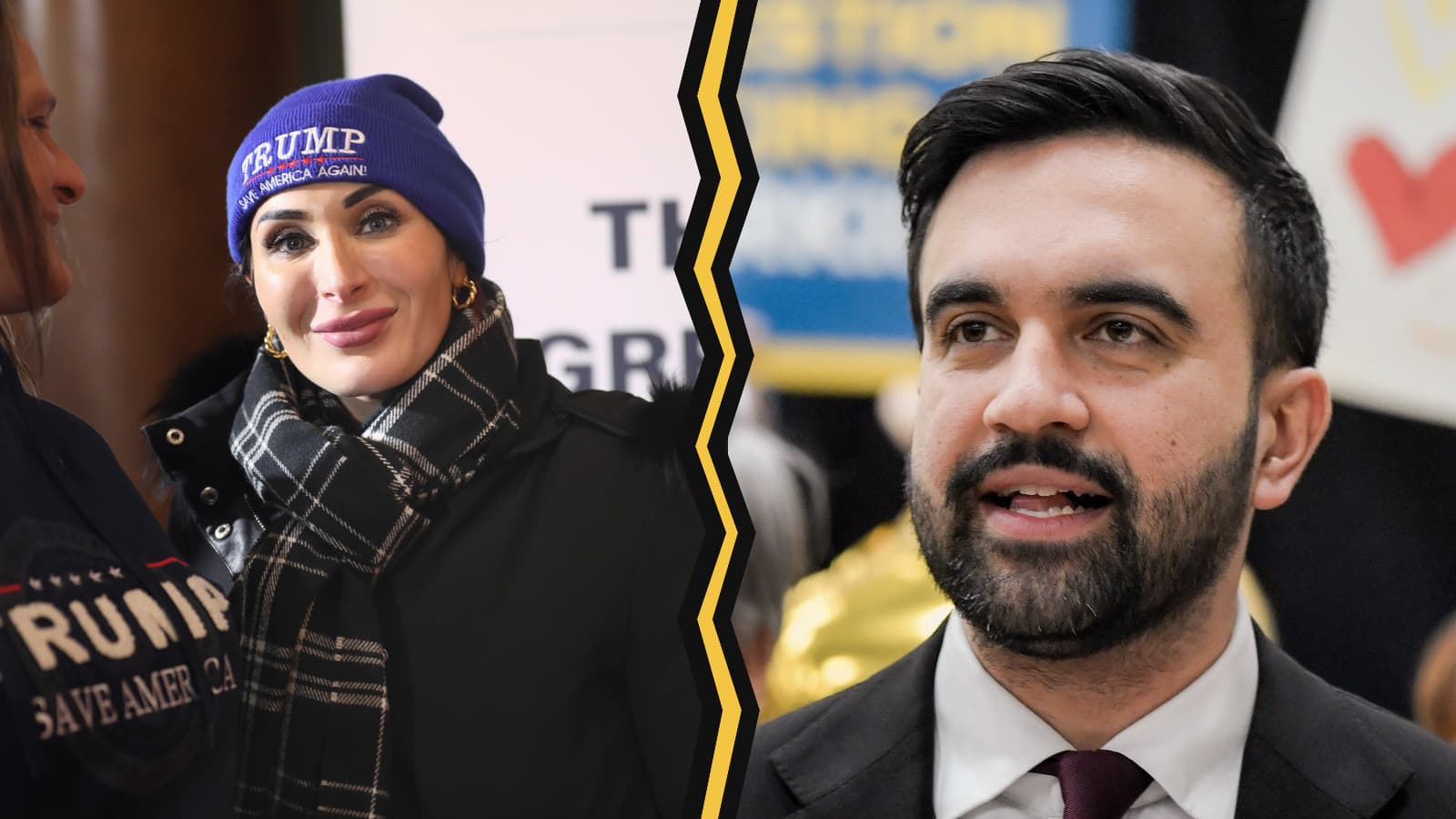 Laura Loomer and Zohran Mamdani separated by a jagged line.