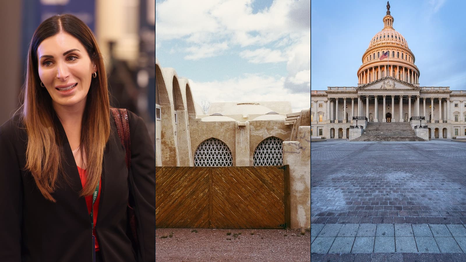 Laura Loomer, a mosque in New Mexico and the U.S. Capitol appear in a three-panel composite.