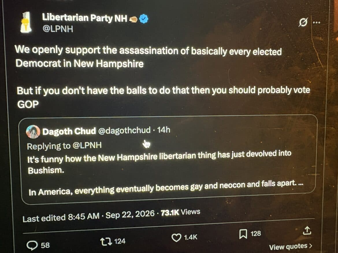 Screenshot of a Libertarian Party of New Hampshire post stating support for the assassination of elected New Hampshire Democrats.