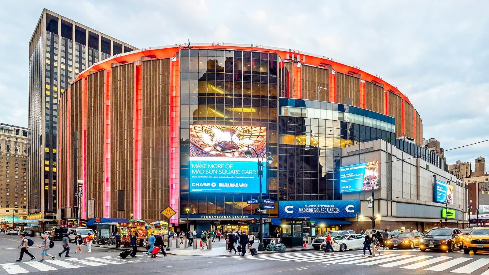 The exterior and entrance of Madison Square Garden in New York City.