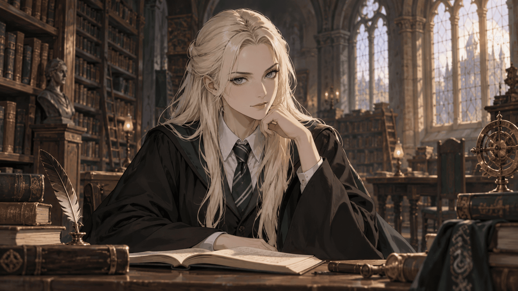 AI-generated illustration of Malfoid in a castle library