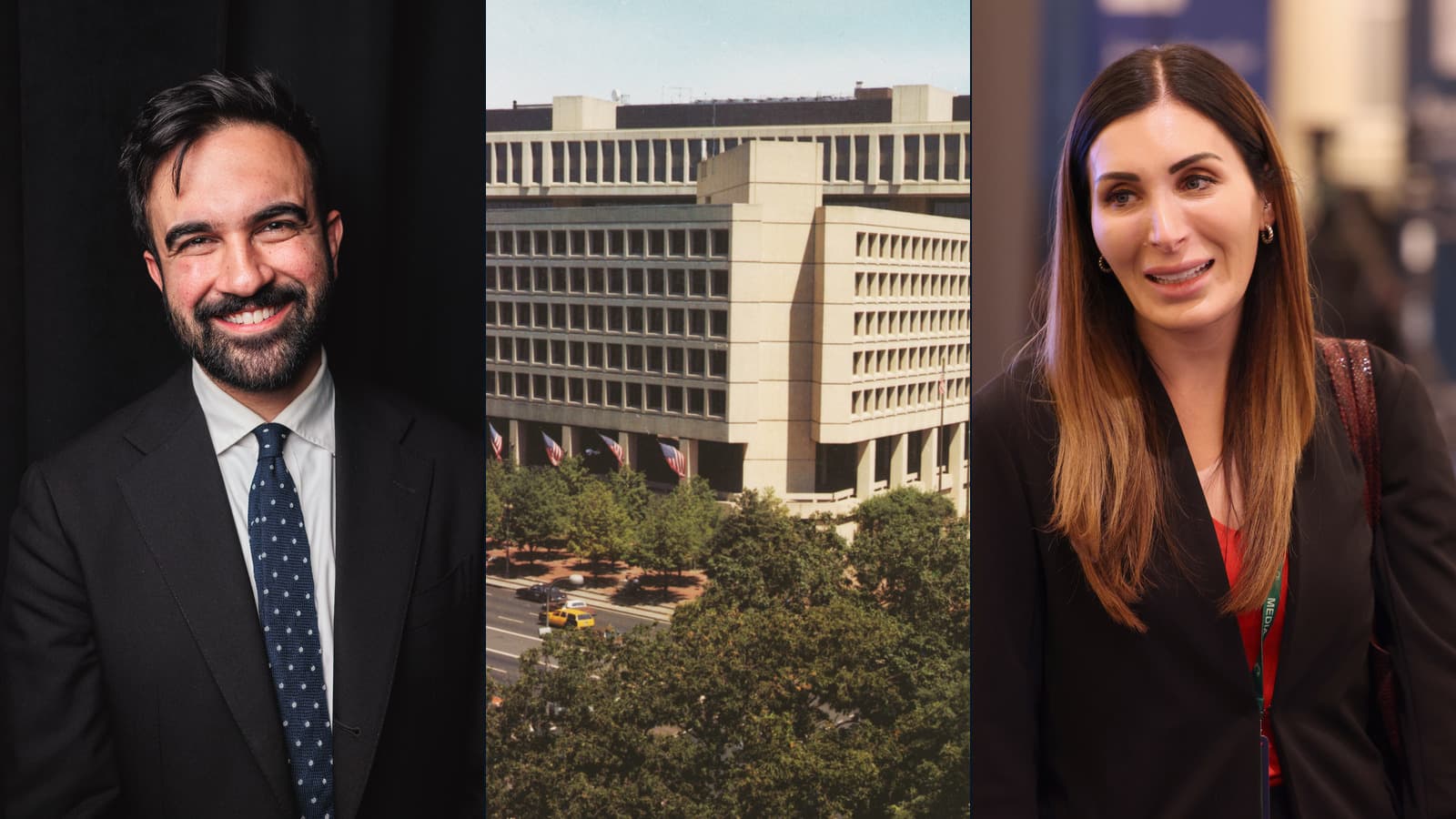 Zohran Mamdani and Laura Loomer flank a photograph of FBI headquarters.