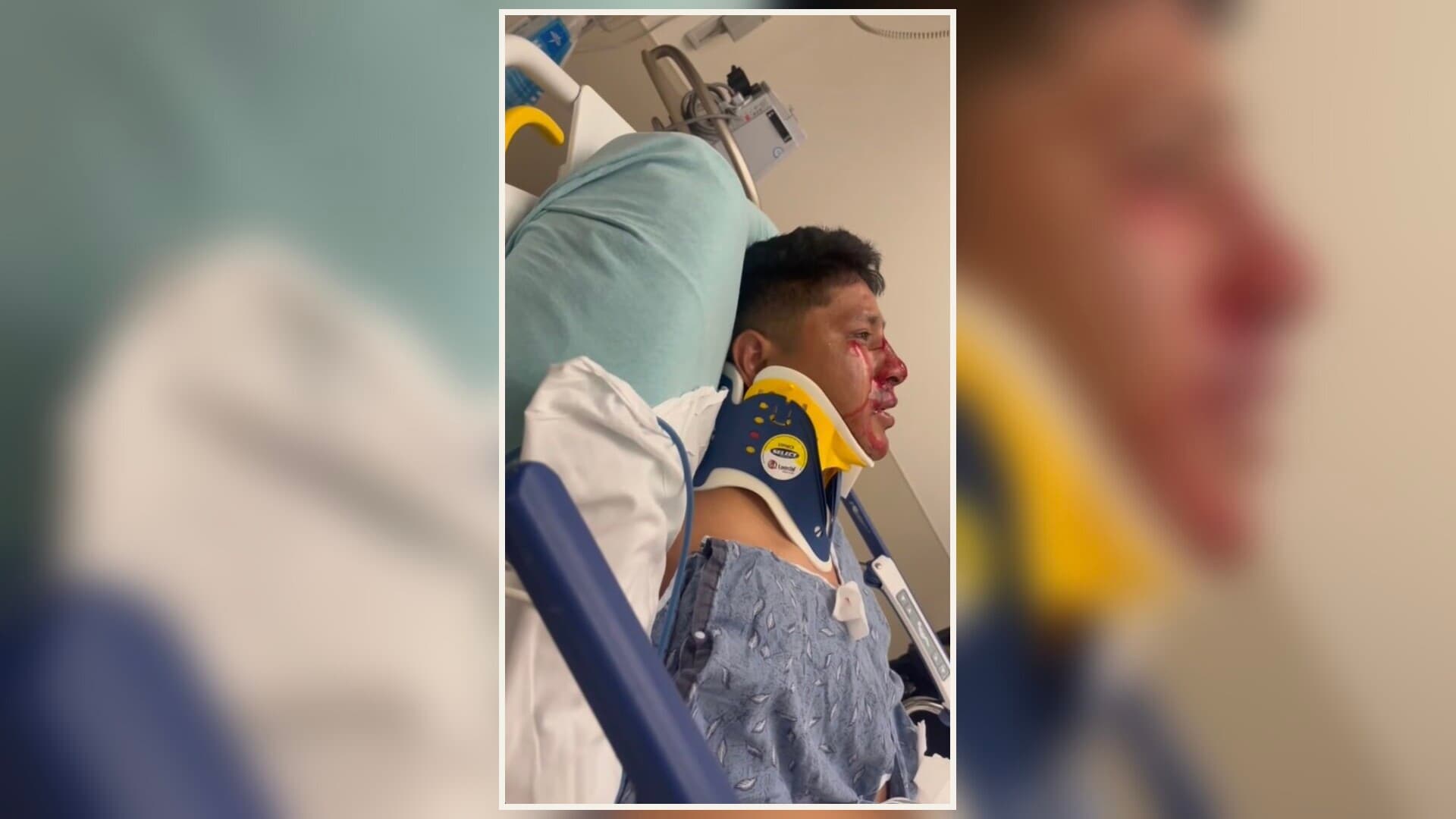 Marco Antonio Roblero Pérez wearing a neck brace in an Atlanta hospital after his arrest by immigration agents.