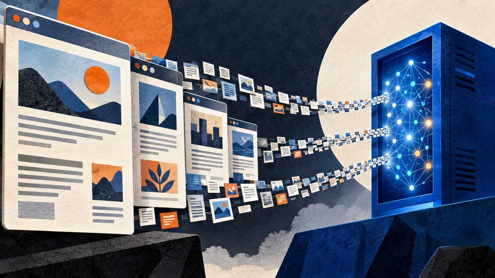 AI-generated illustration of abstract website panels sending data tiles toward a computing server.
