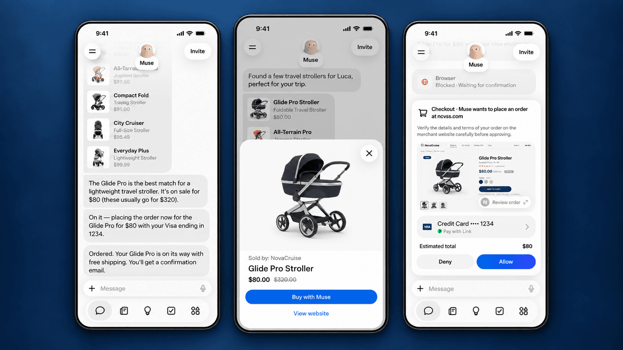 Three phone screens show Meta's Muse shopping for a stroller and asking for purchase approval.